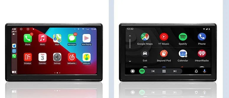 Portable 7-inch car smart screen with wireless Carplay Android AUTO projection on a dashboard showing navigation map