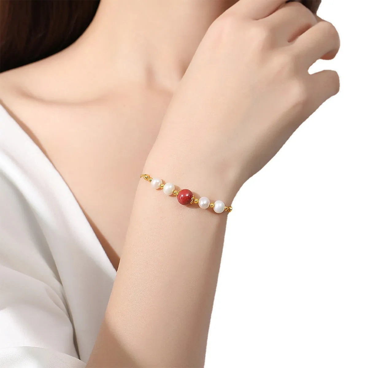 Yellow retro-style 925 silver bracelet with red bean pearl cinnabar design for women