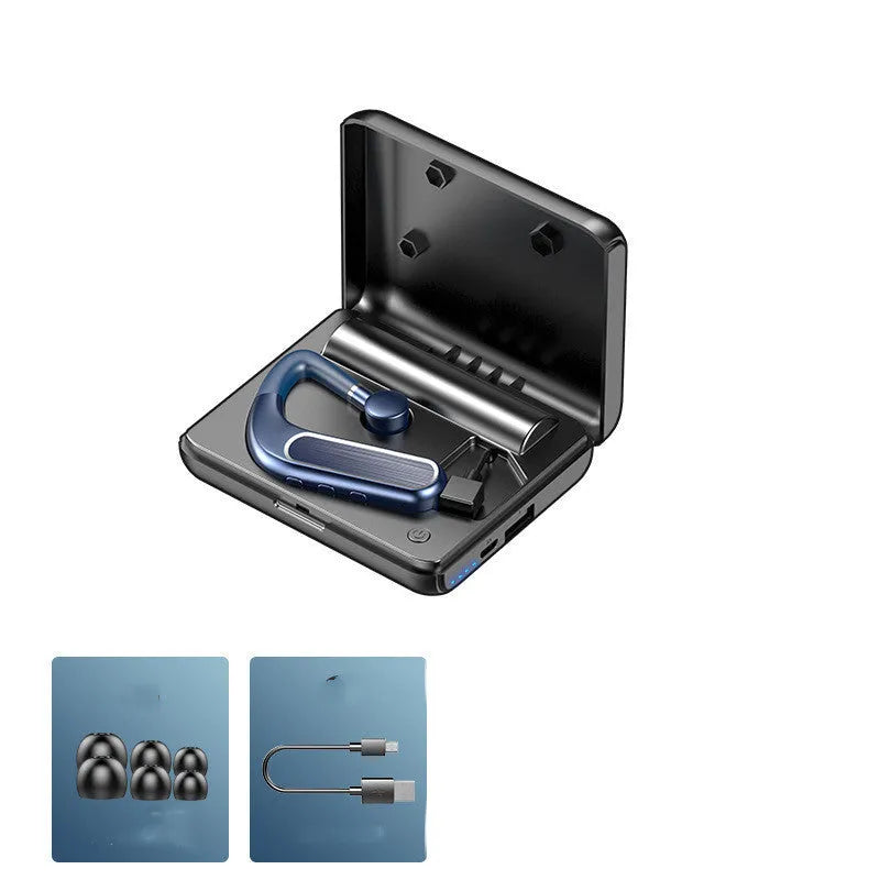 Black Bluetooth hanging ear earphones shown with a charging warehouse and three sizes of ear caps.