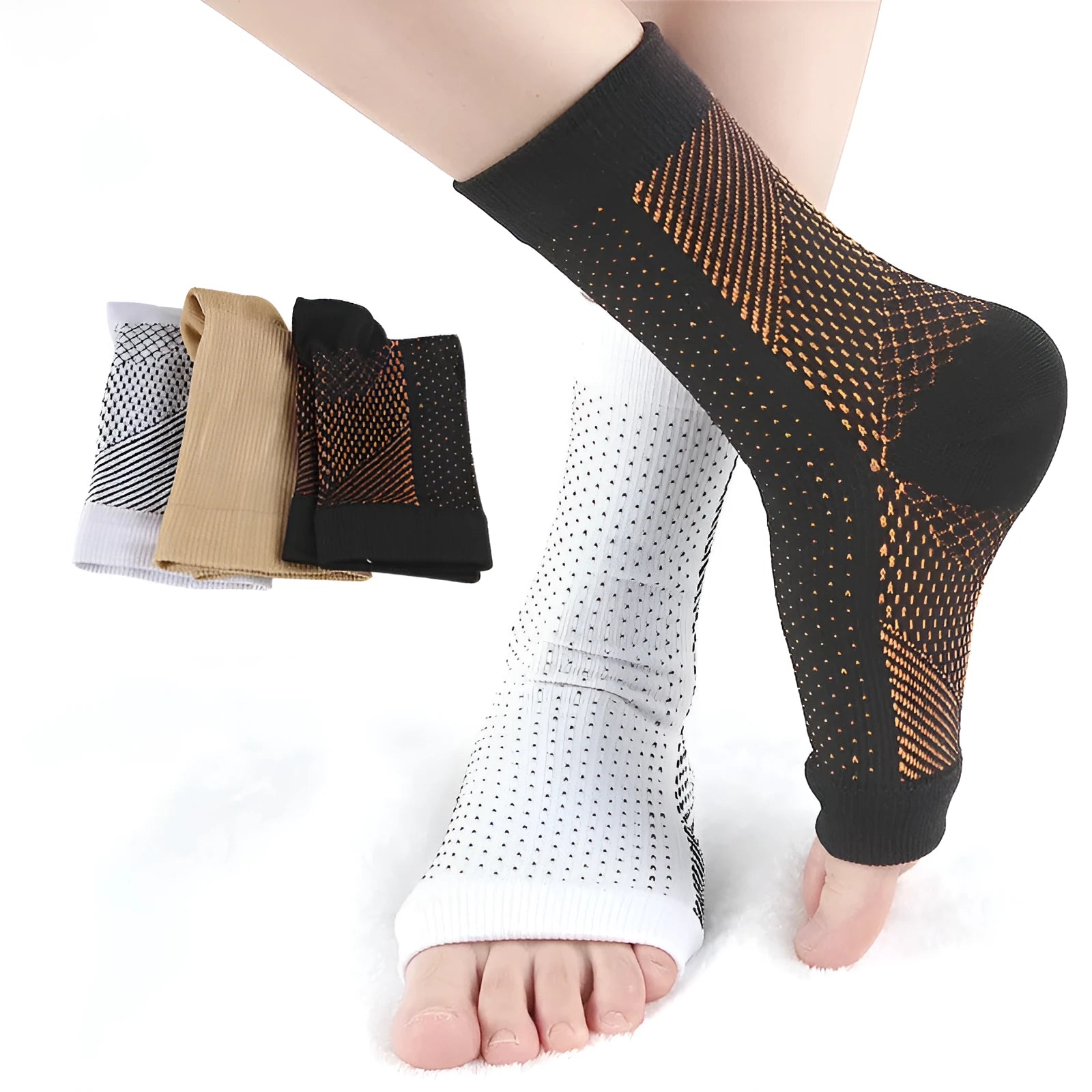 Short tube nylon basketball heel socks in white, black, skin colour, and copper.