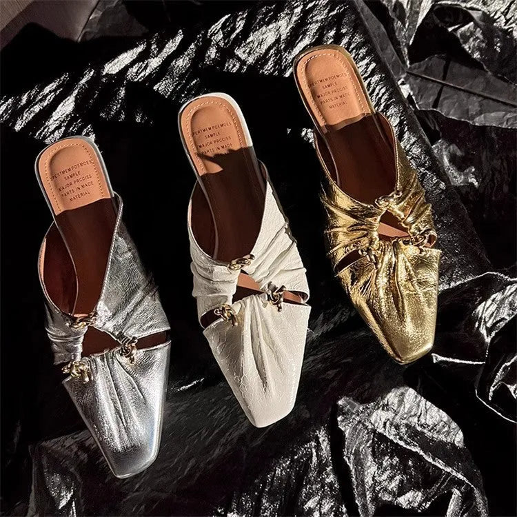 Women's genuine leather half toe cap slippers in metallic colours with square toe and TPR sole