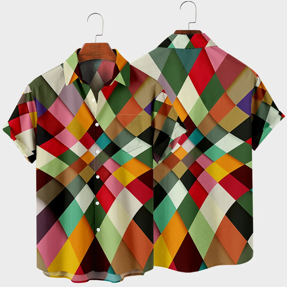 Men's striped digital print short sleeve shirt in Photo Color with four-way stretch polyester fabric