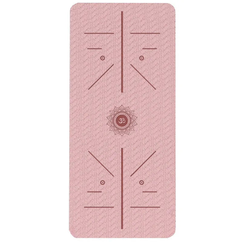 A wide, long non-slip TPE gymnastic mat in a solid colour with alignment guide lines, shown rolled and unrolled.