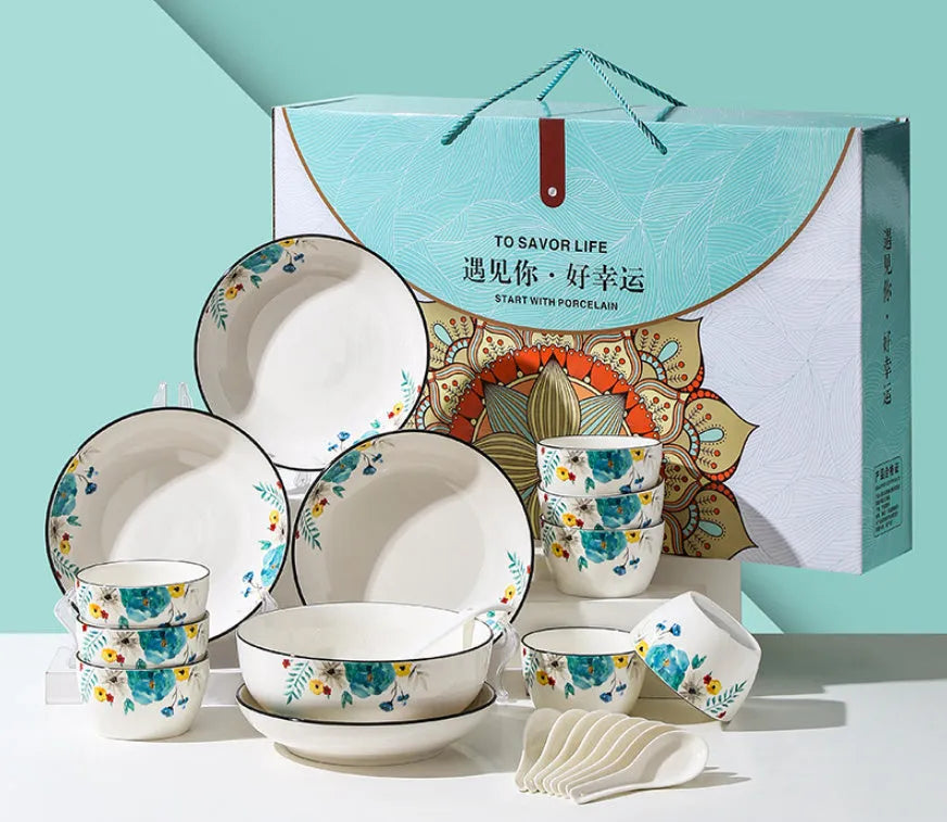 Flower In Ink 22-piece bone china style porcelain dinner set with floral pattern bowls spoons and plates