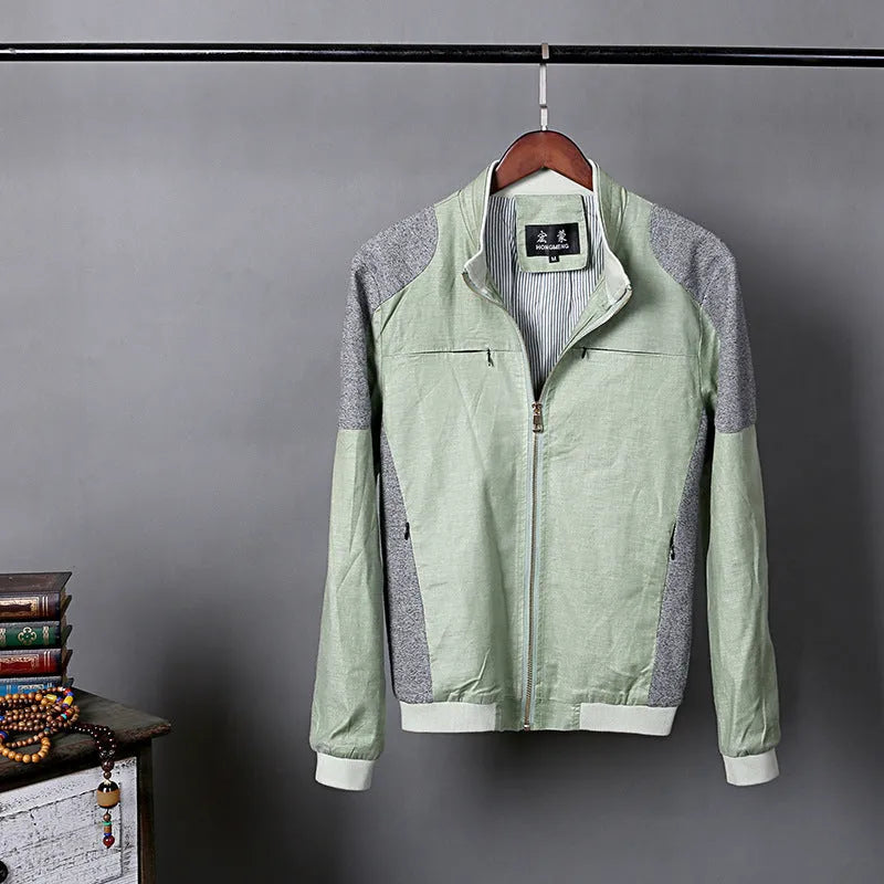 Men's thin cotton linen jacket in blue, displayed on a hanger