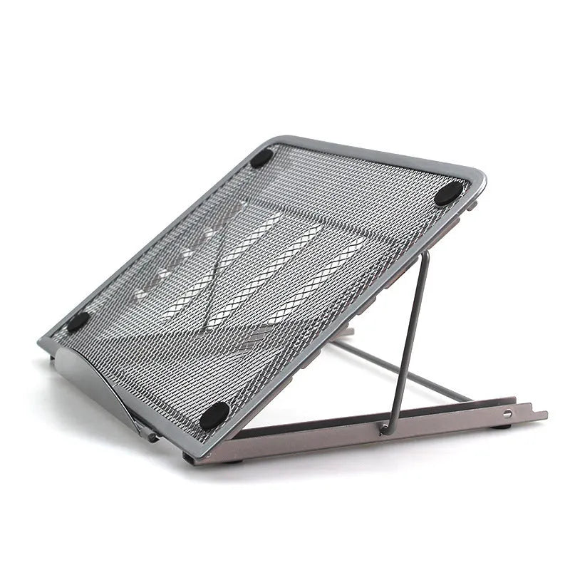 Cold-rolled steel adjustable laptop and tablet stand in multiple colours, shown folded and unfolded.