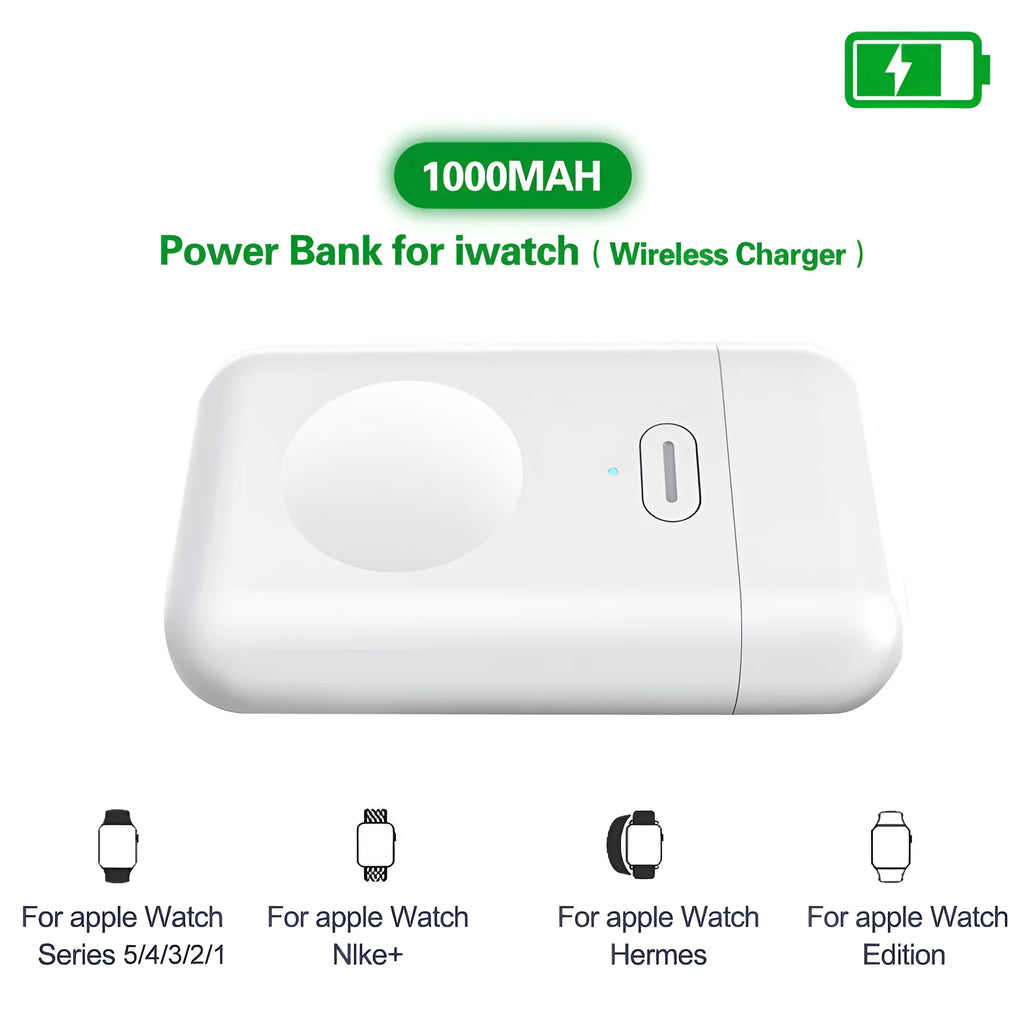 White portable wireless magnetic charger power bank for Apple Watch showing size scale.