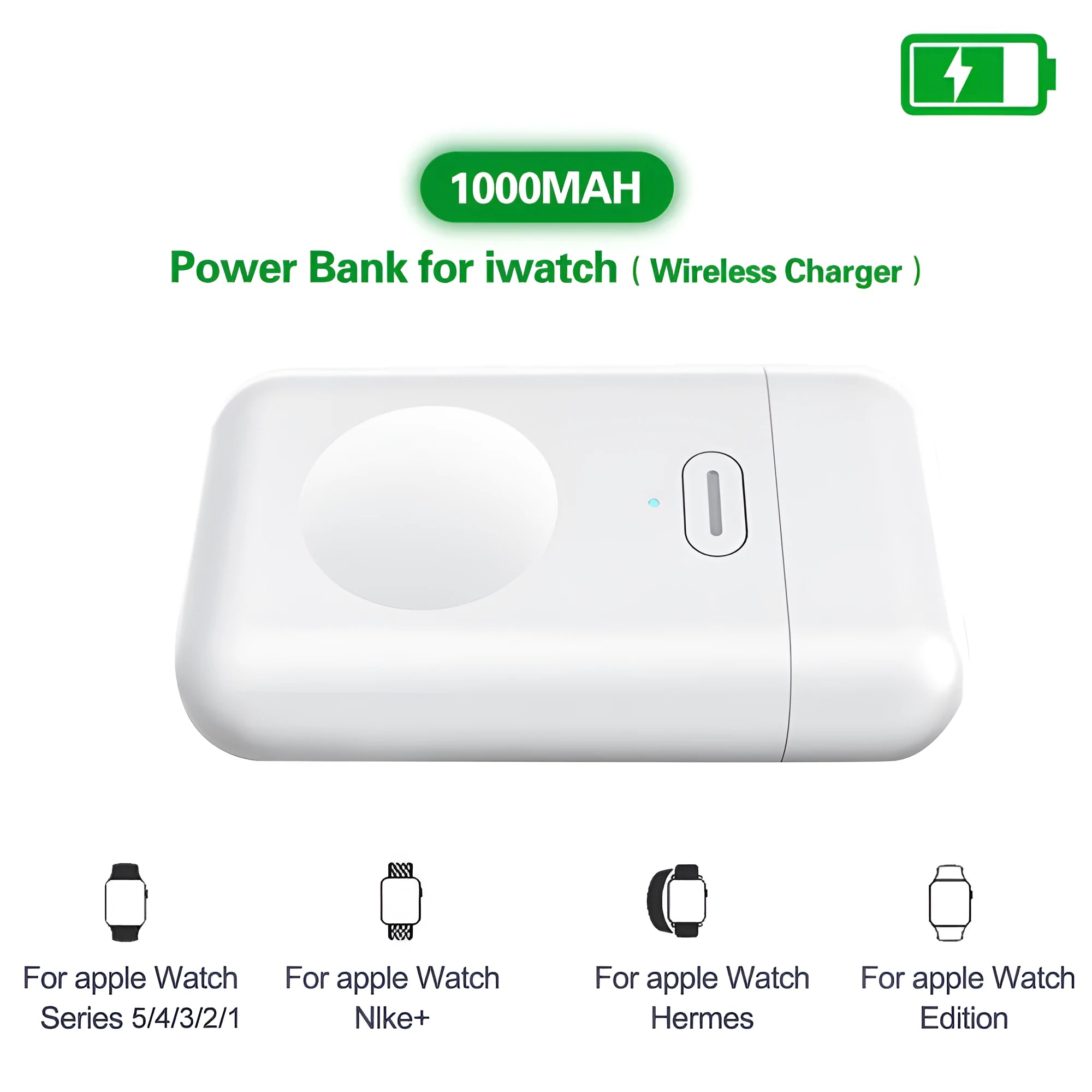 White portable wireless magnetic charger power bank for Apple Watch showing size scale.