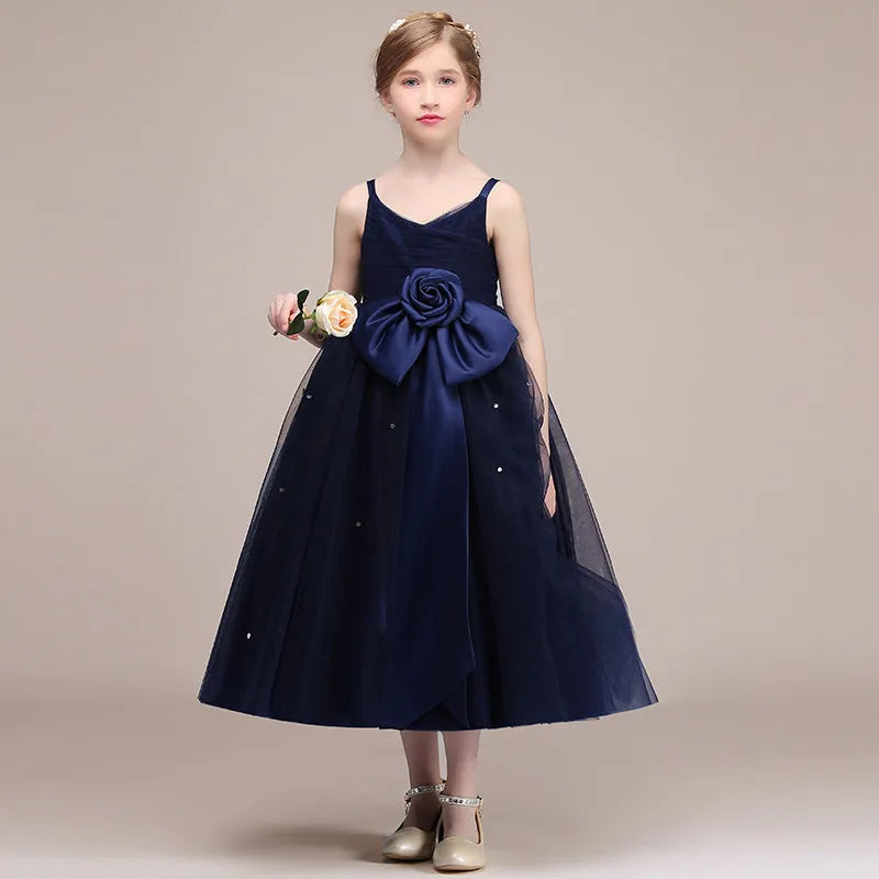 Girls blue chiffon princess dress for banquet and evening party, available in sizes 100cm to 160cm