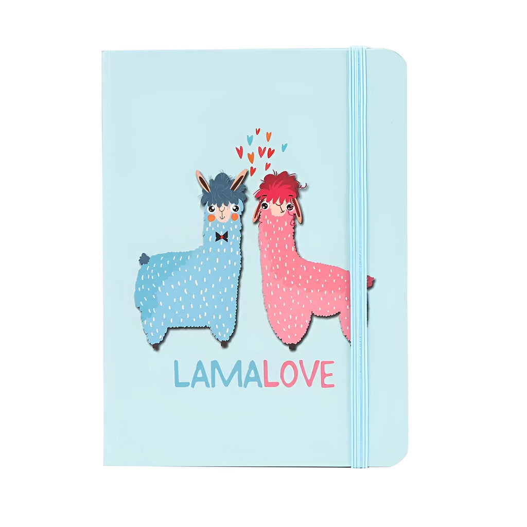 Alpaca cartoon notepad showing A5, A6, A7 sizes with yellow paper pages and mixed colour cover options.