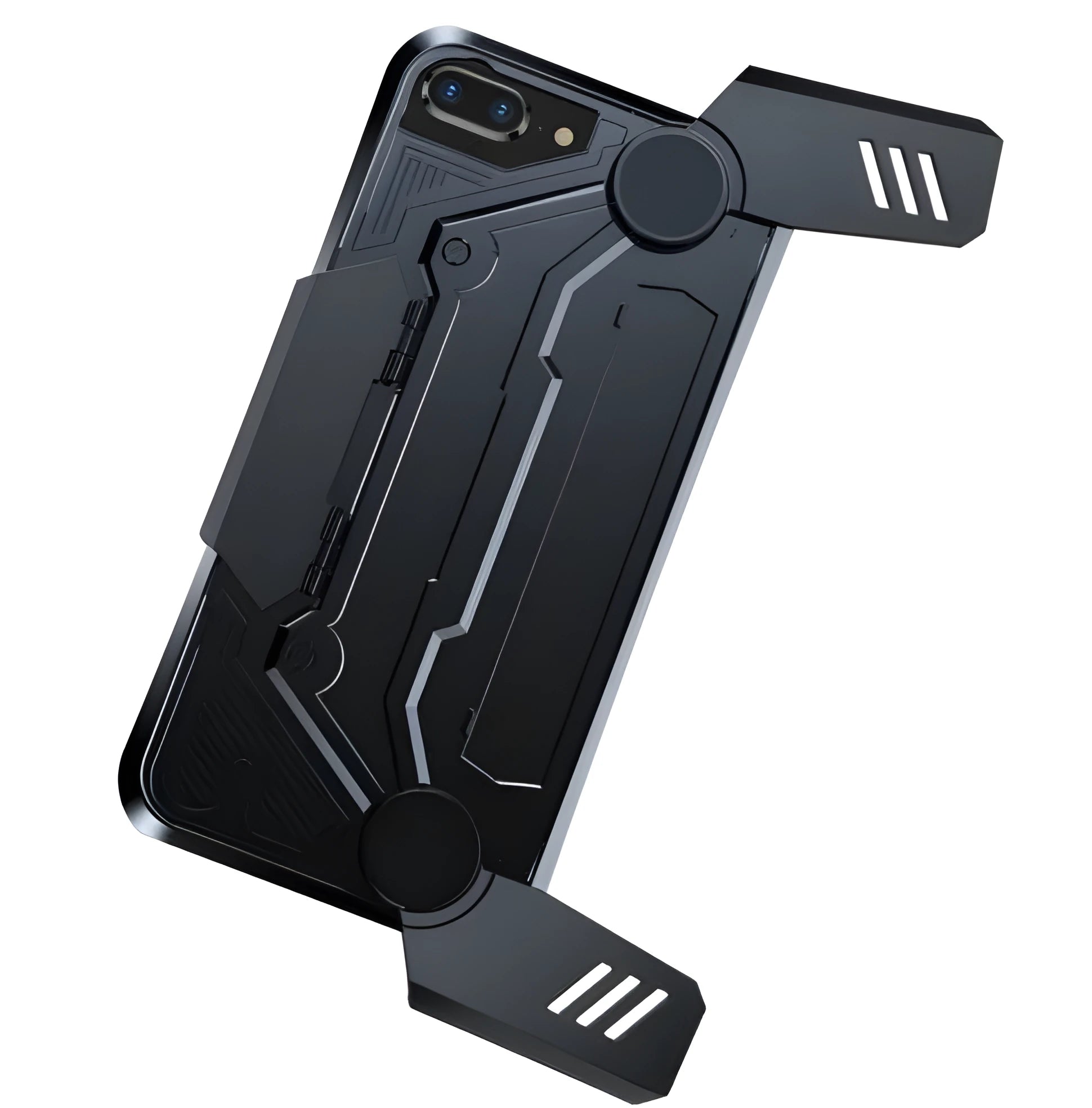 Gamepad smartphone case for iPhone 7 and 8 in black, red and silver colours, showing the built-in control pad.