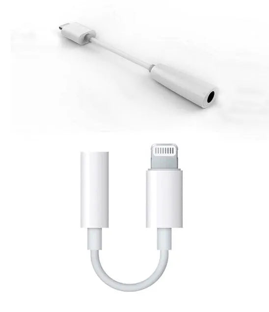 White Lightning to 3.5mm headphone adapter cable for iPhone, showing both connectors.