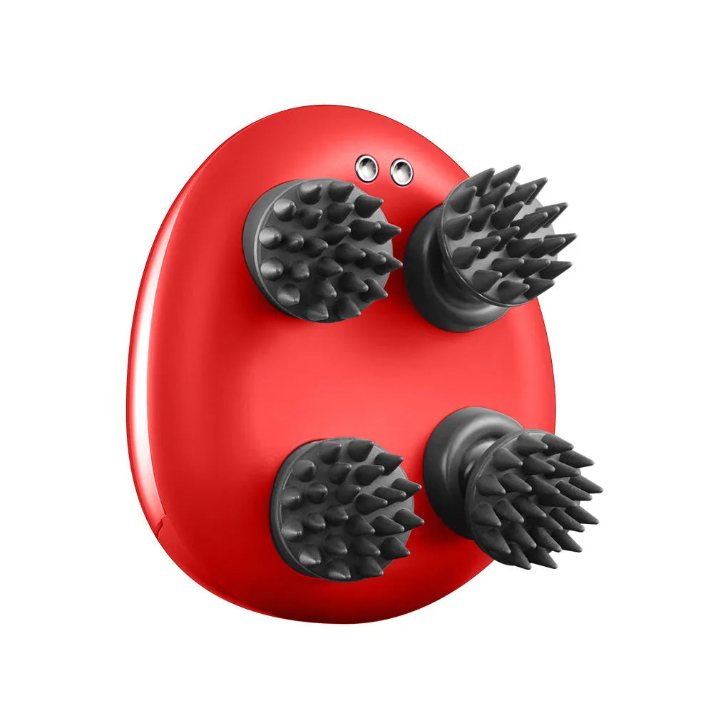 Red scalp massager with 9 nodes measuring 110mm x 120mm x 82mm