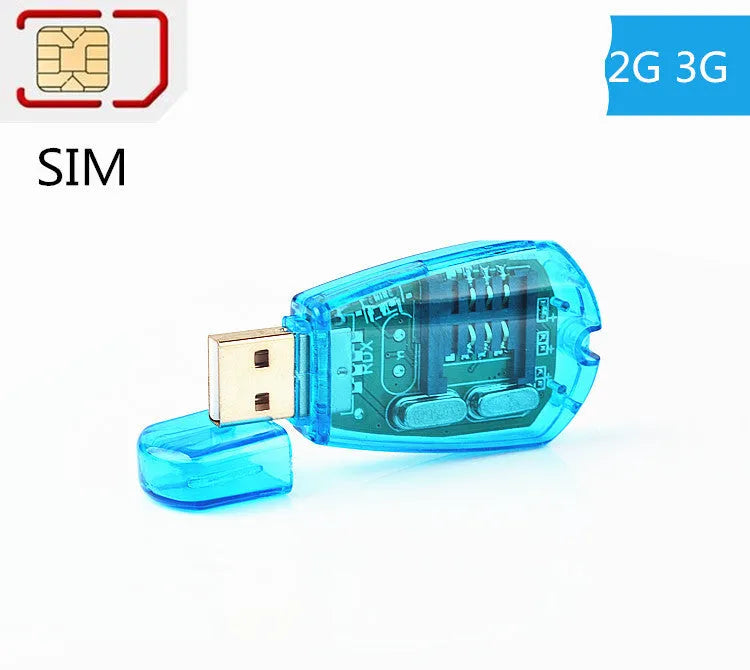 Blue external USB SIM card reader for mobile phone contact and SMS backup on computer.