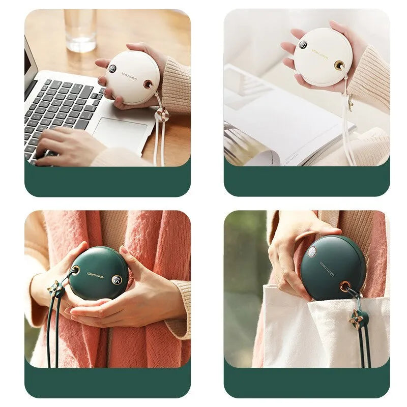 Green portable hand warmer power bank with digital display showing 5000mAh capacity