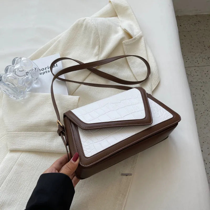 Stone pattern square shoulder bag in PU material showing horizontal suitcase shape with one-shoulder strap