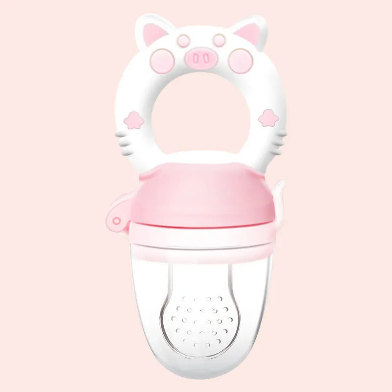 Silicone baby teether in blue, green, or pink with textured mouthpiece for gum relief