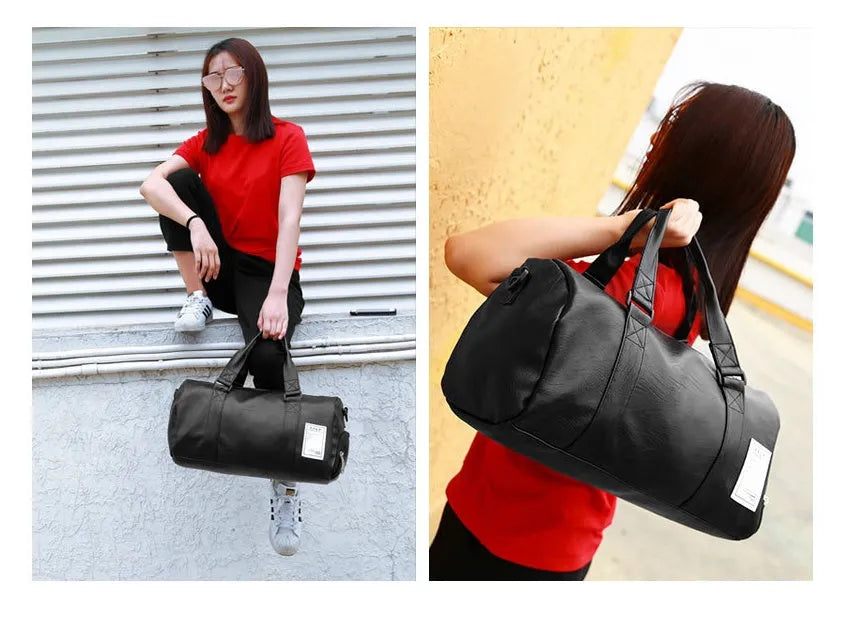 Black waterproof sports bag with separate side shoe compartments and diagonal shoulder straps