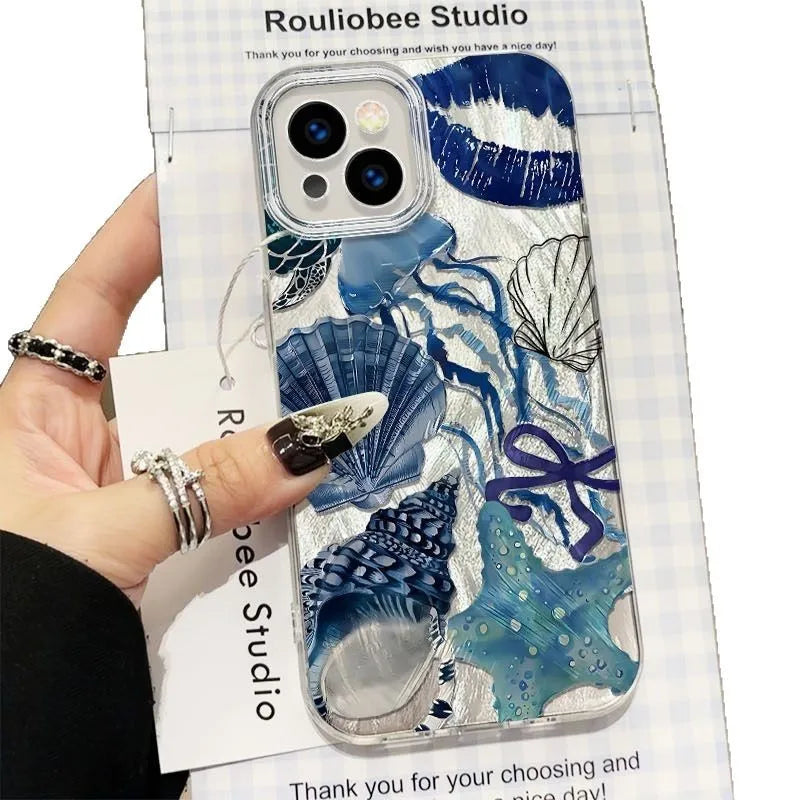 Coral shell large hole feather yarn TPU phone case for Apple iPhone in blue Star River yinshanhu colour