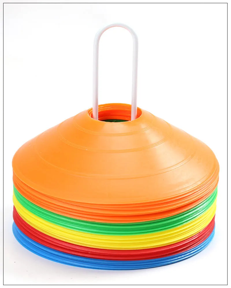 PE football training round hole sign plates, 19cm x 5cm, in yellow, red, blue, black, green, orange, and white.