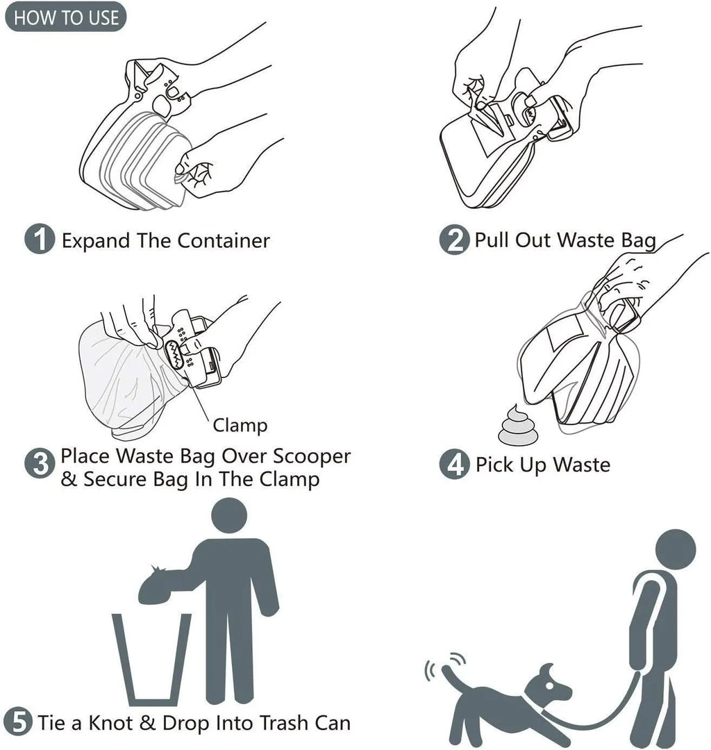 Blue portable pooper scooper with clip and bag dispenser for dog waste cleanup.