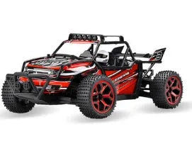 Blue and yellow 1:18 scale high-speed RC drift car with 2.4GHz remote control on an off-road surface