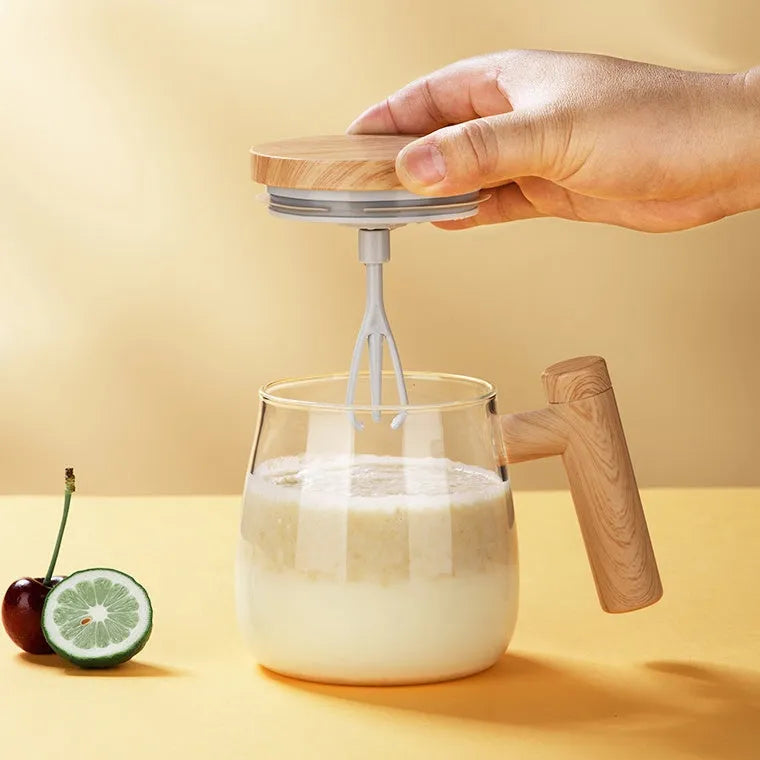 Clear borosilicate glass self-stirring coffee mug with automatic mixing function and 400ml capacity
