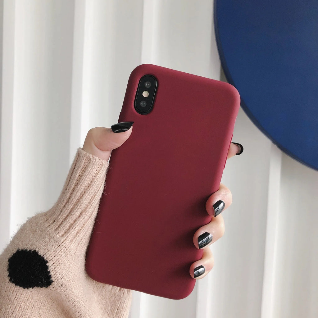 Silicone phone case for iPhone XR and XS Max shown in wine red, light blue, and black colours.