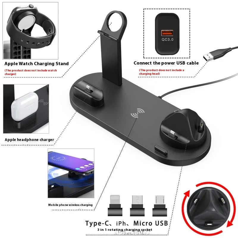 Black 3-in-1 charging stand holding a mobile phone, a headset, and a smartwatch on a desk.