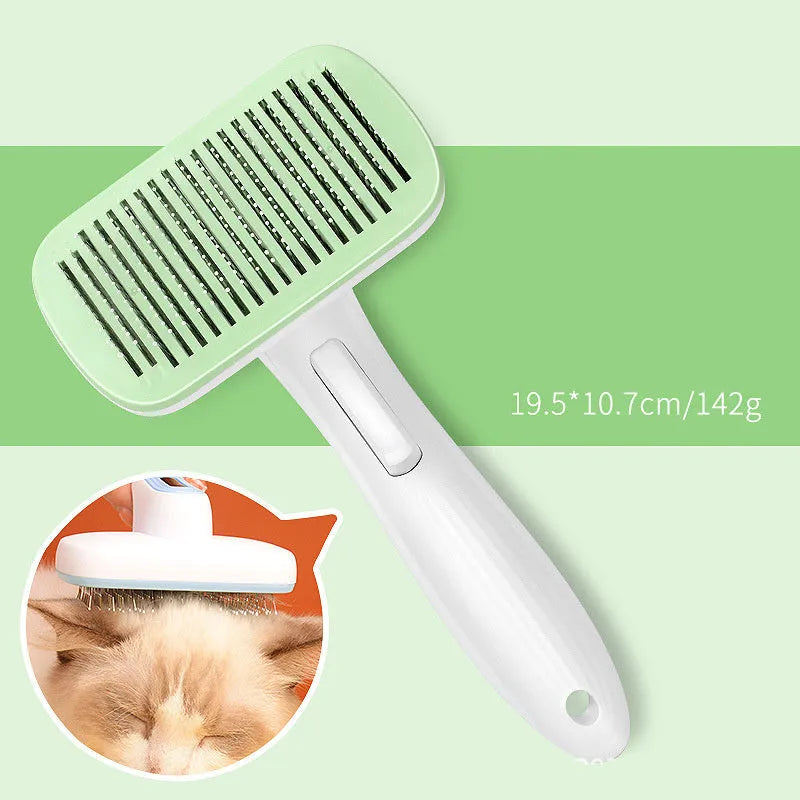 Automatic pet hair removal comb for dogs and cats showing colour options and compact size
