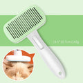 Automatic pet hair removal comb for dogs and cats showing colour options and compact size