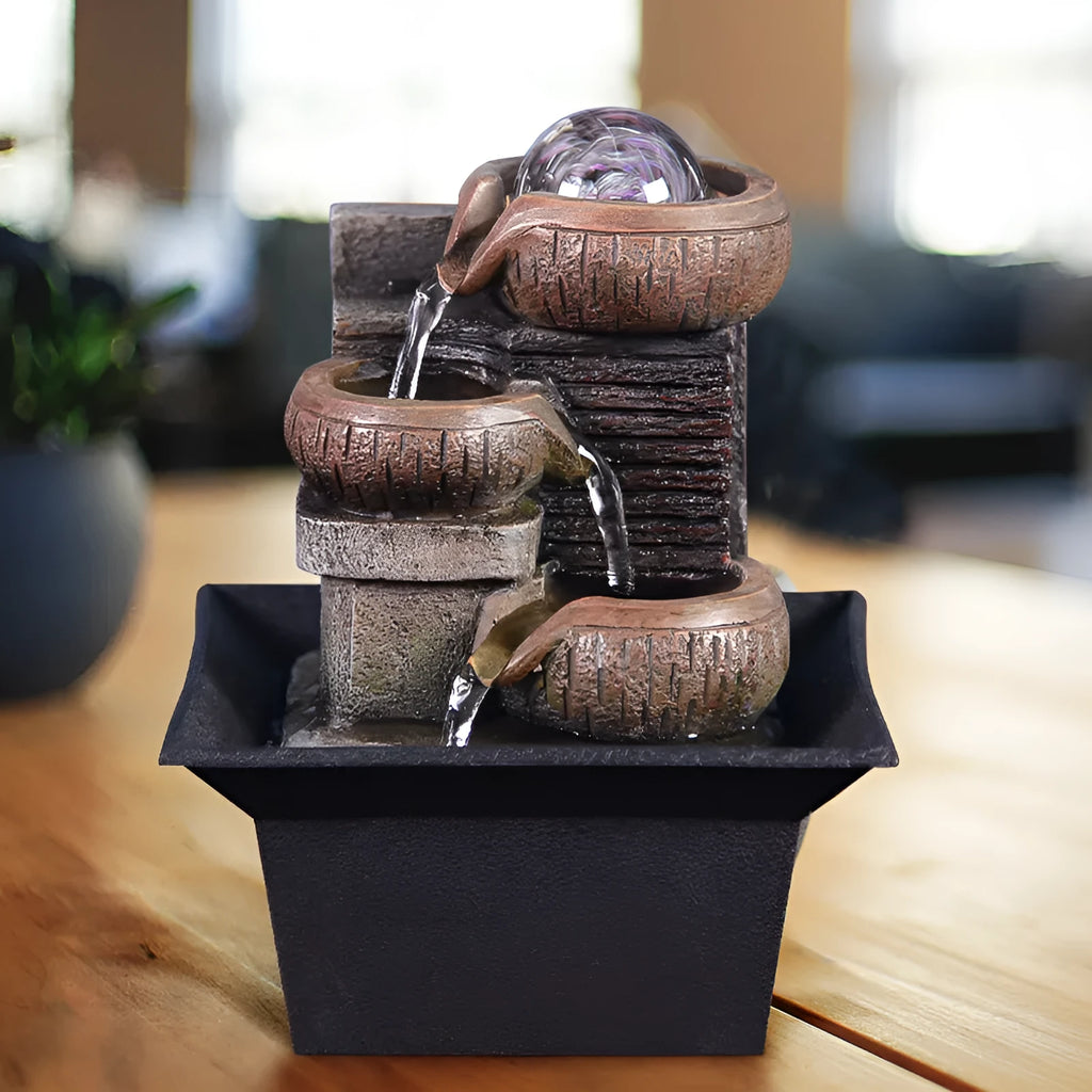 European desktop fountain with running water, crystal ball and carved environmental resin and stone powder body