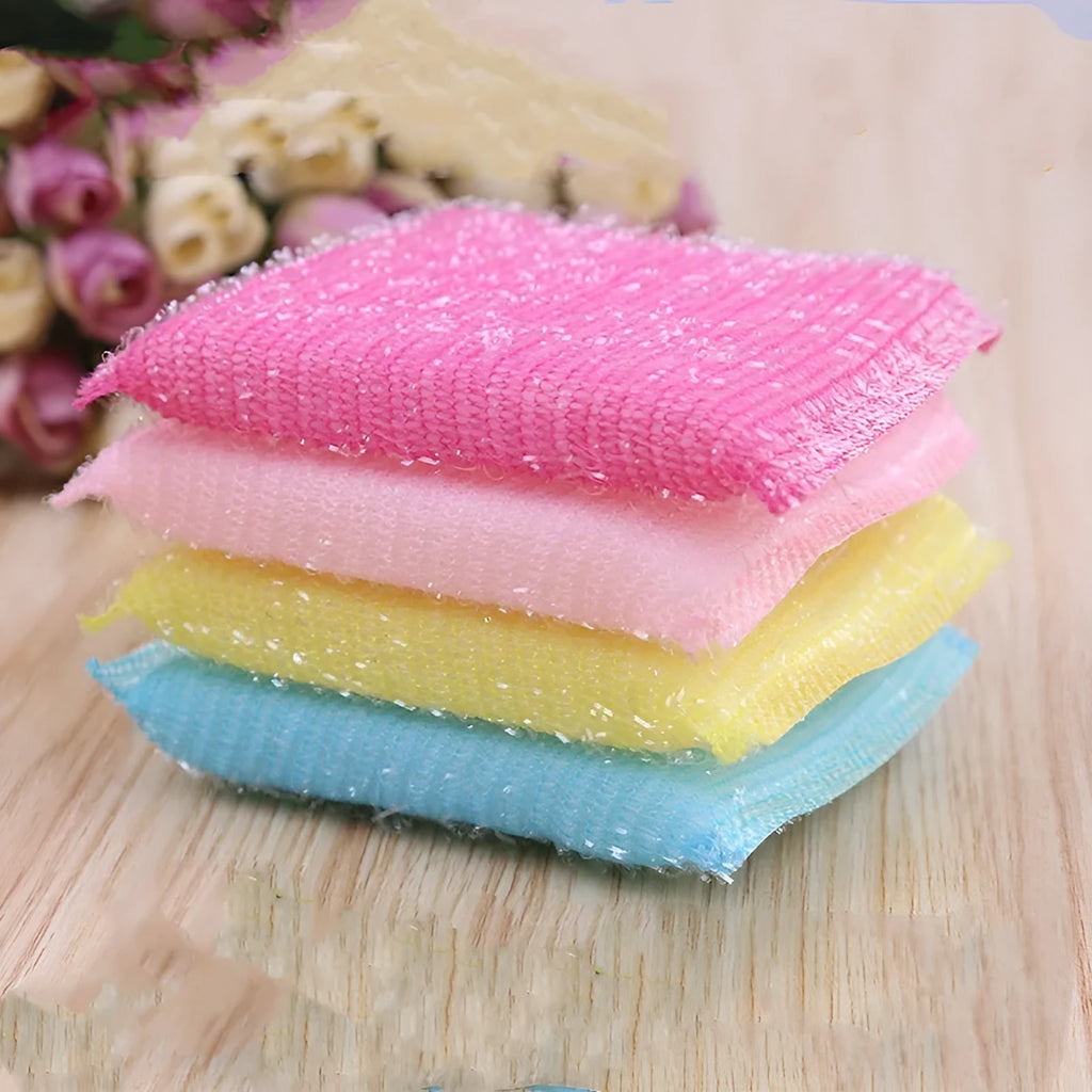 Pinstripe fabric dishwashing sponge mop in macaron colours showing sponge, plastic and silk thread construction