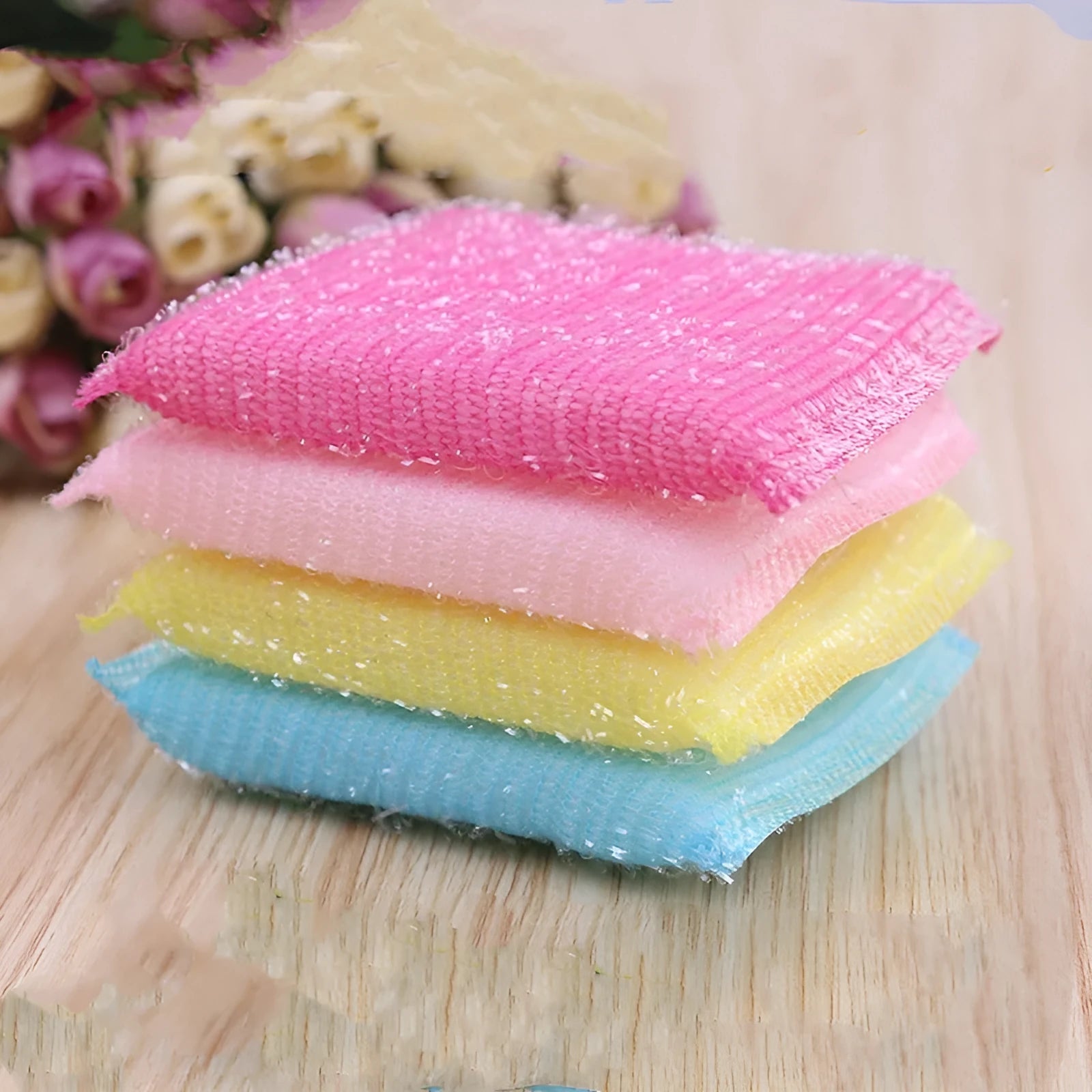Pinstripe fabric dishwashing sponge mop in macaron colours showing sponge, plastic and silk thread construction