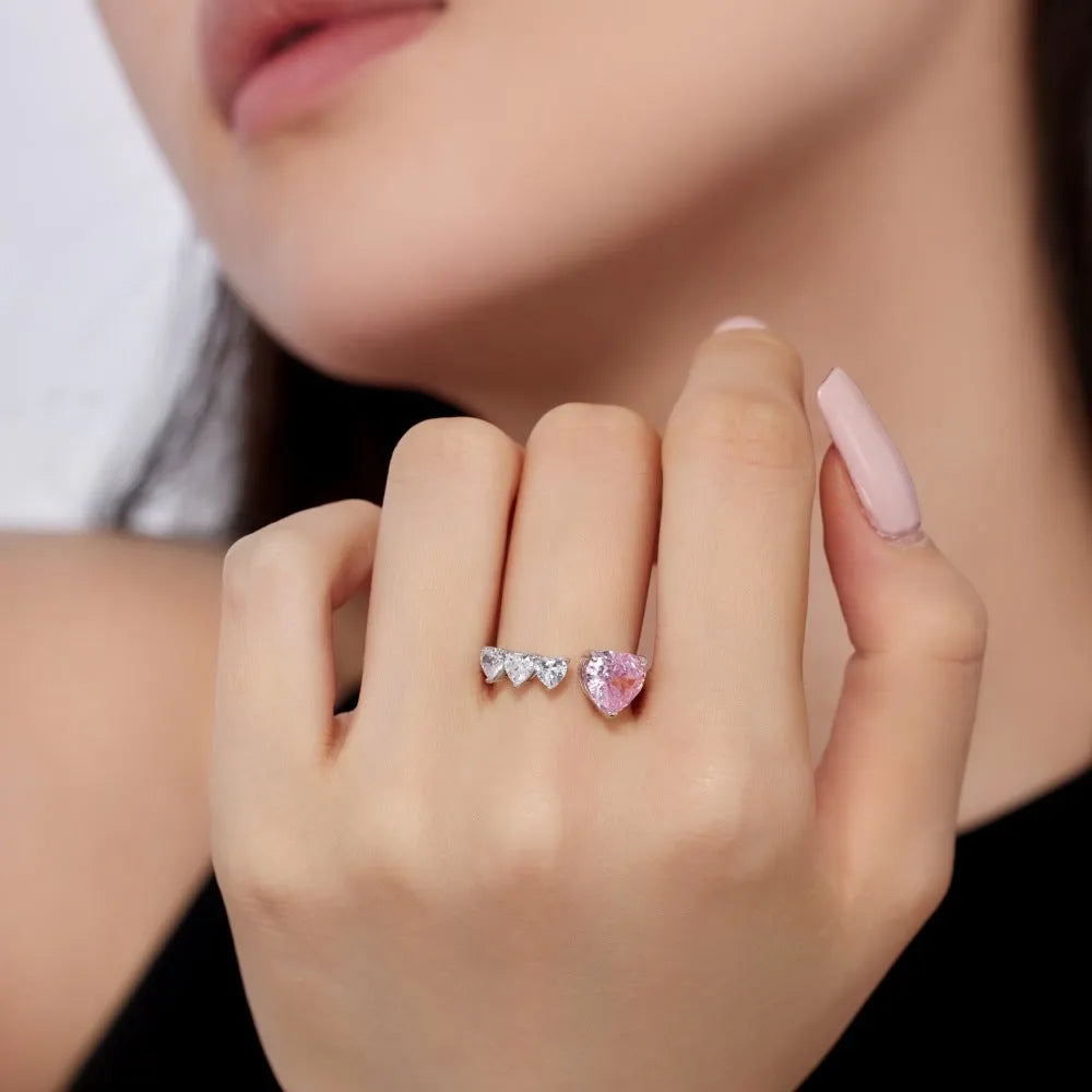 S925 sterling silver women's heart ring with adjustable open band and two-tone zircon in platinum white or white gold powder