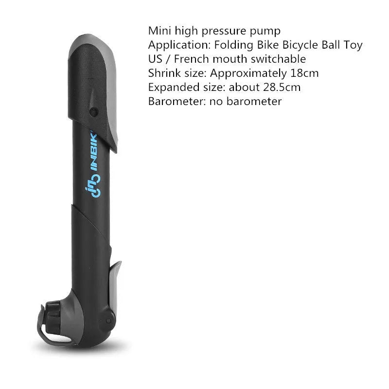 Black bicycle mini pump 18cm with round handle and aluminium alloy valve head on frame bracket
