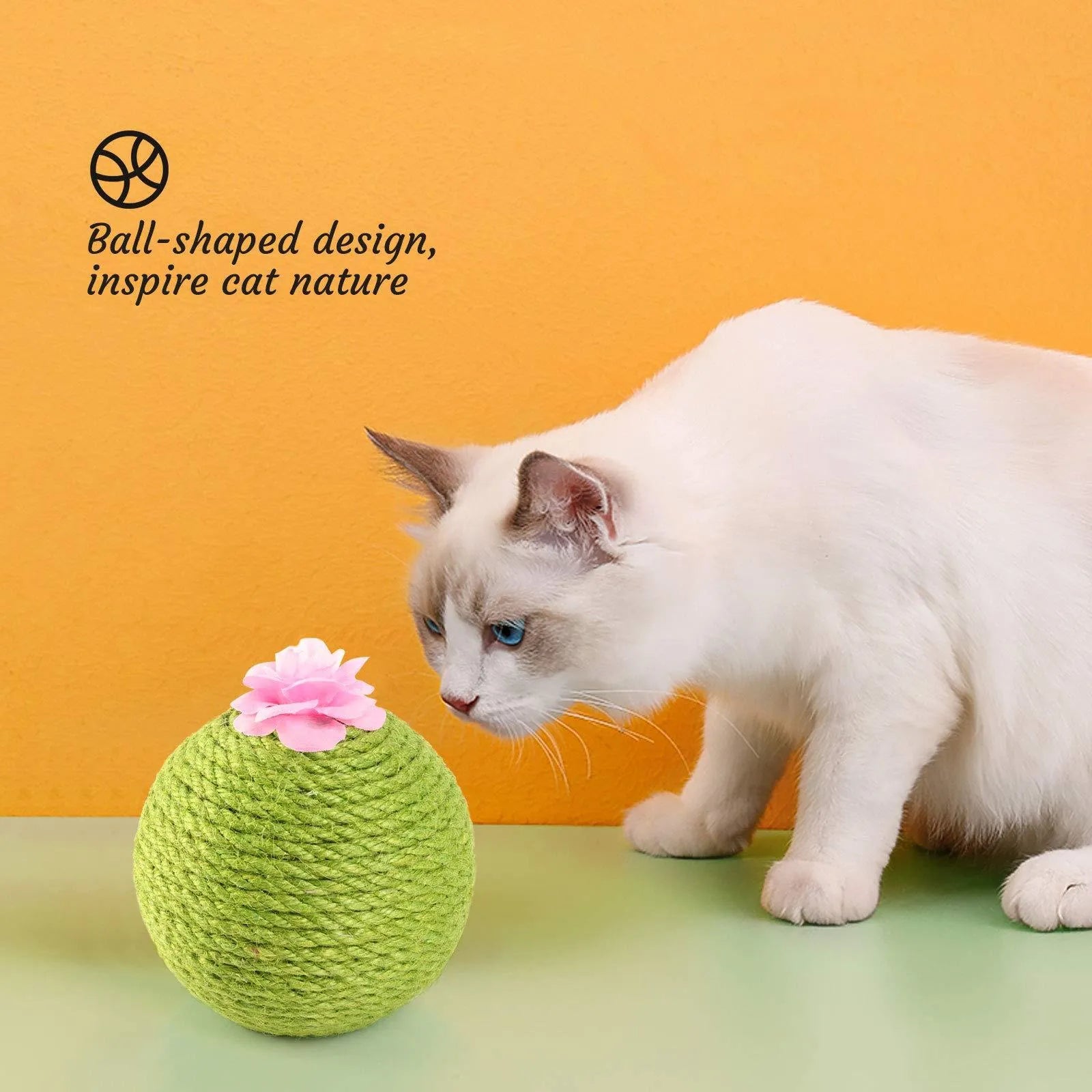 Green multi-level cat scratching tower with an interactive cactus ball toy and sisal-wrapped posts