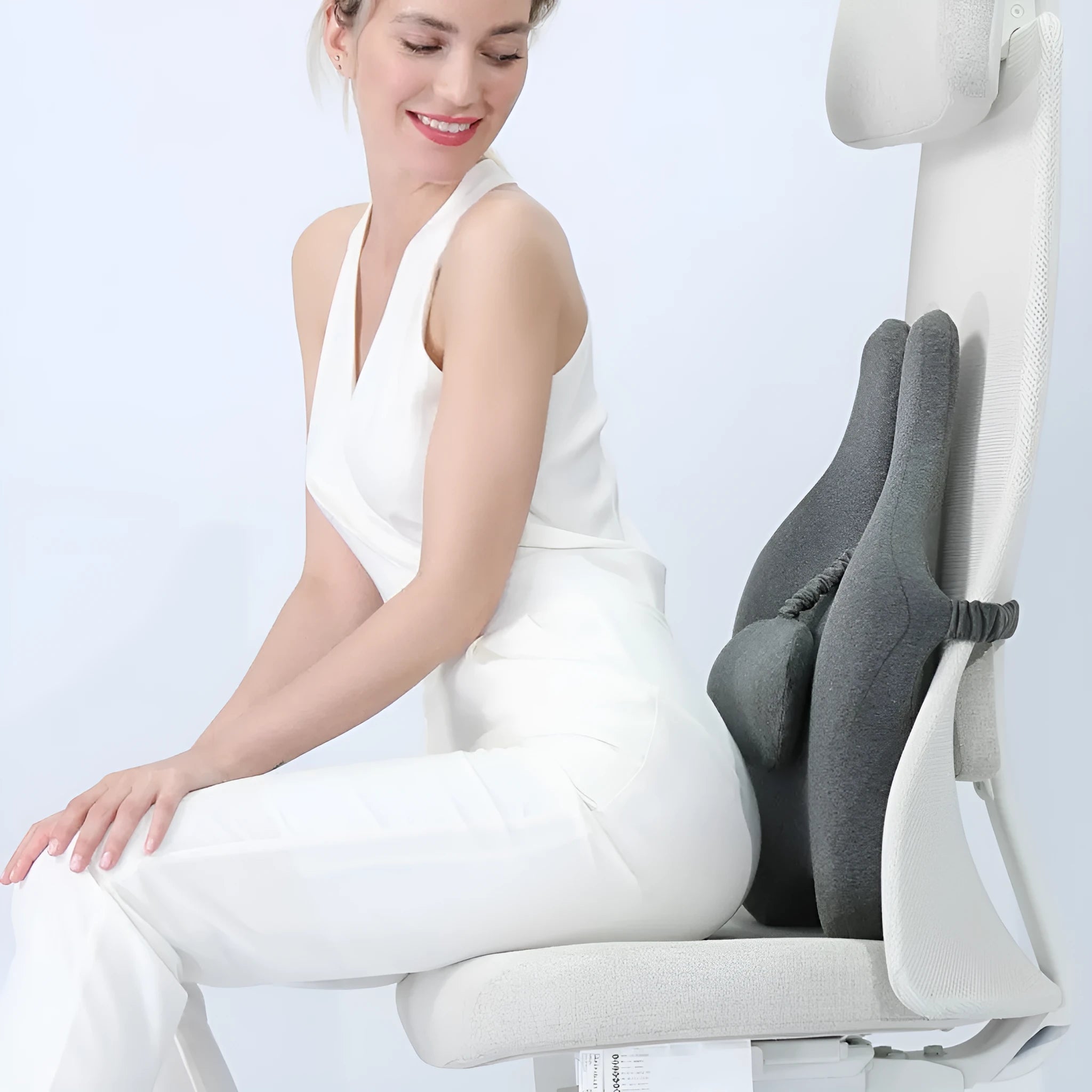 Memory foam car cushion with lumbar support in black, grey, or pink
