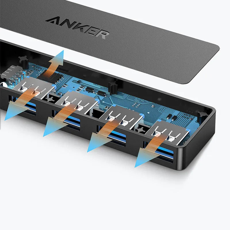 Black Anker 4-port USB 3.0 hub with 200 mm cable, showing four USB ports