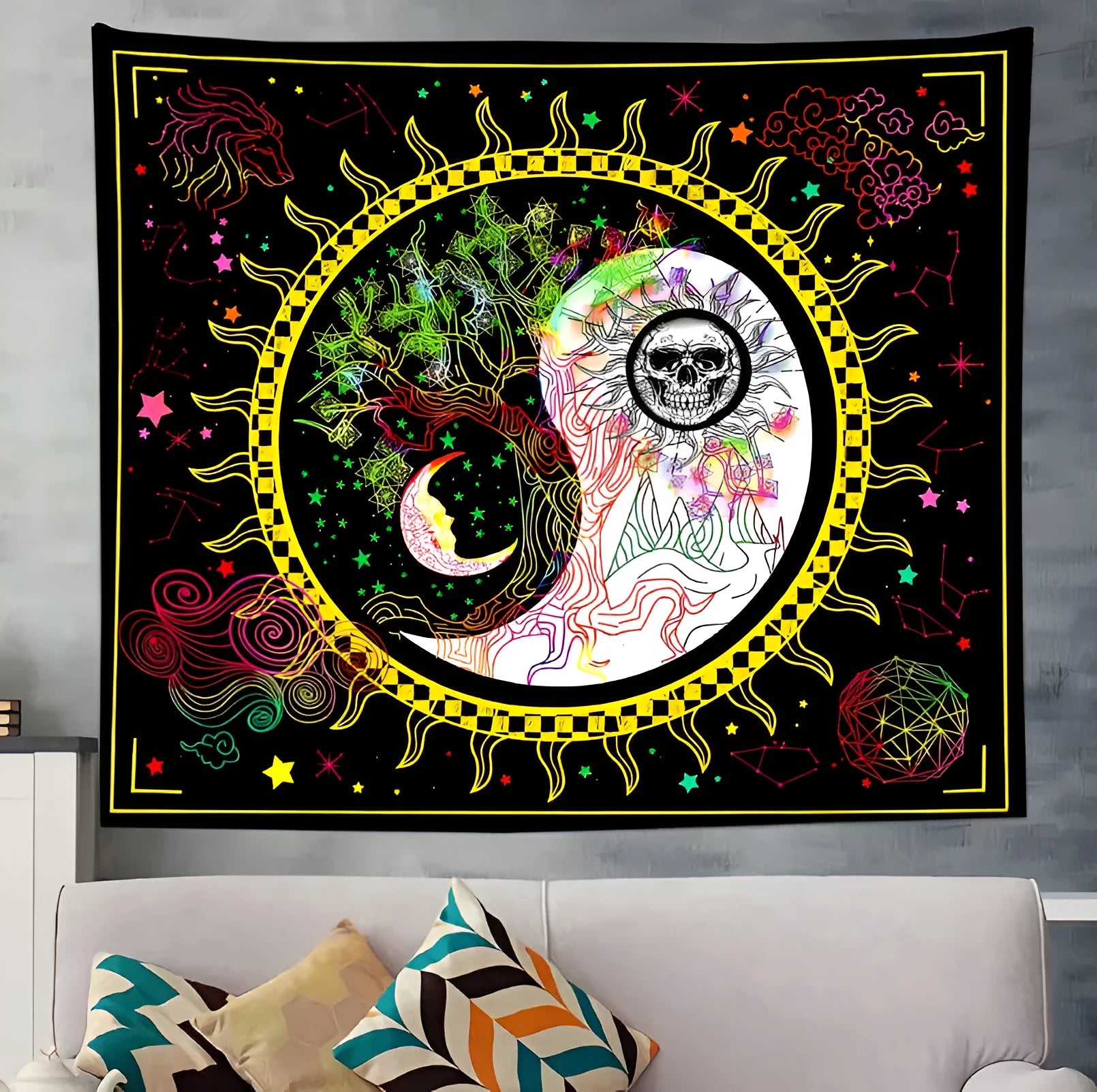 Polyester fibre home digital printing art wall tapestry in a living room, available in multiple sizes and colours