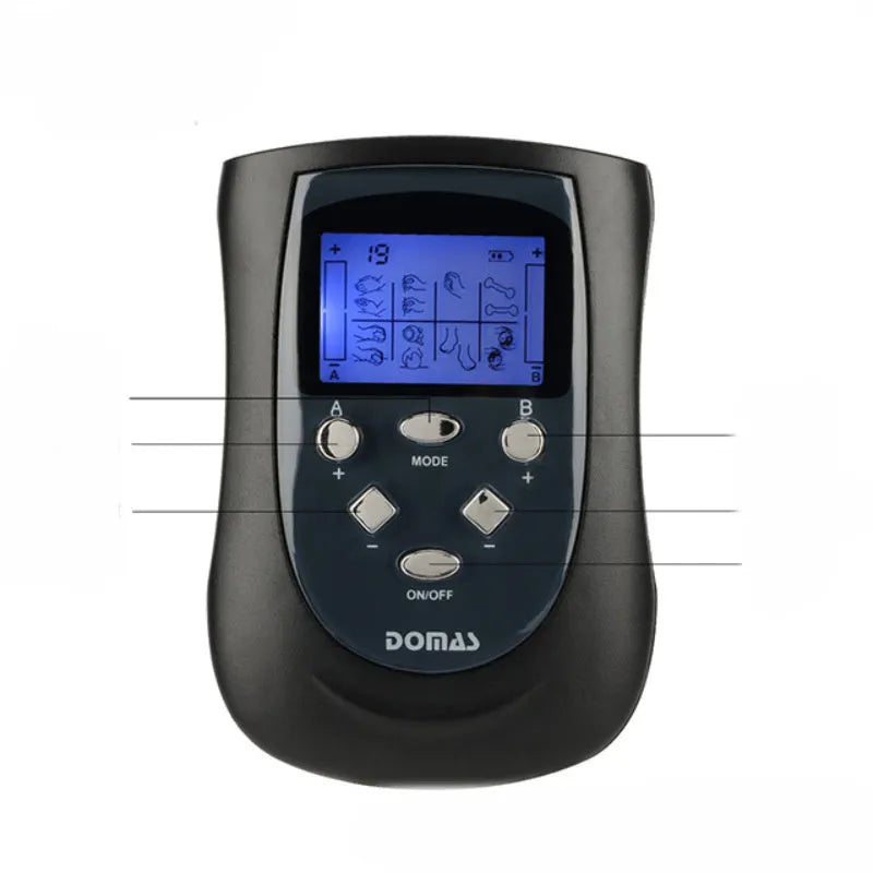 Black battery-powered electronic massager with mechanical controls for abdomen and back treatment