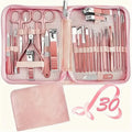 30-piece stainless steel nail tool set displayed with cuticle pusher, nail clipper and foot file