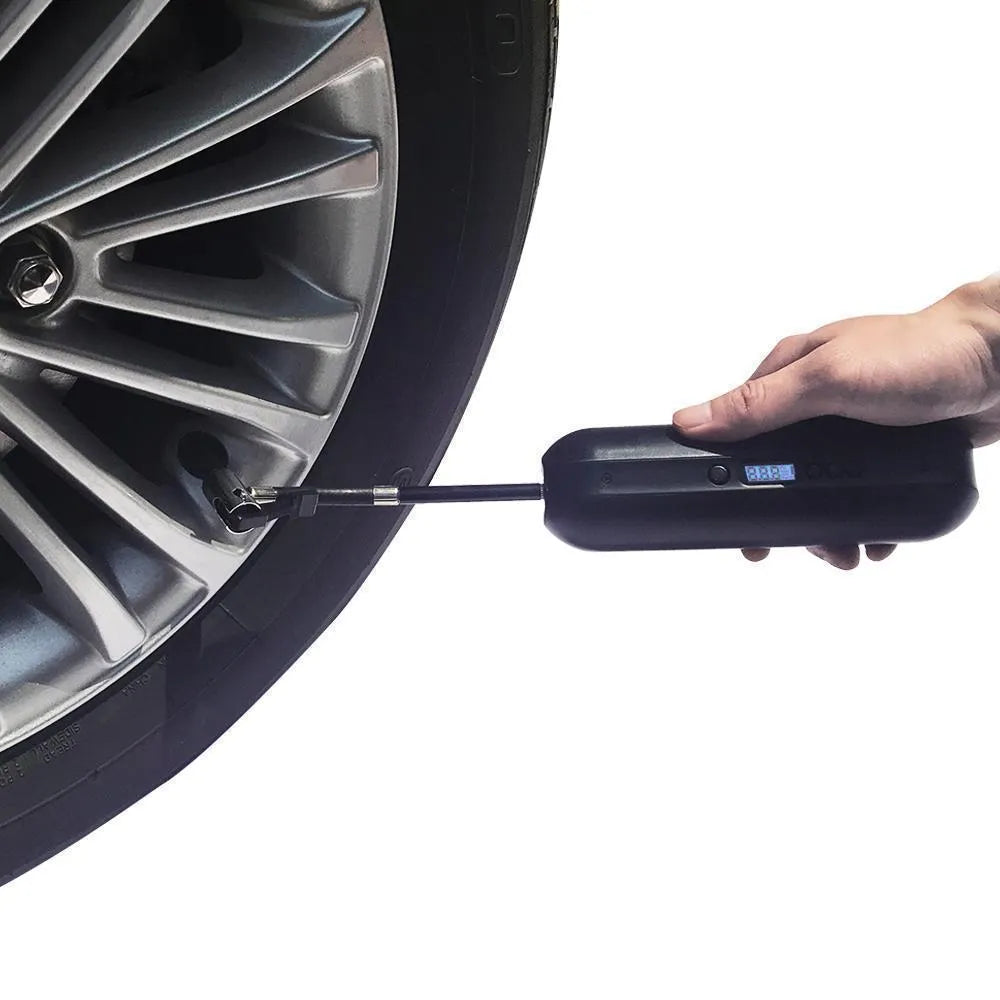 Rechargeable electric bike tyre inflator with LCD display, 150PSI pressure, compact black design
