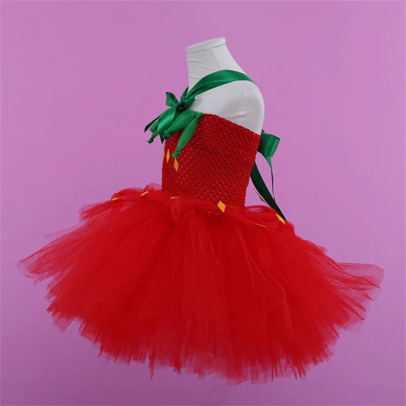 Red children's princess dress with lace and mesh detailing in South Korean silk for birthday parties