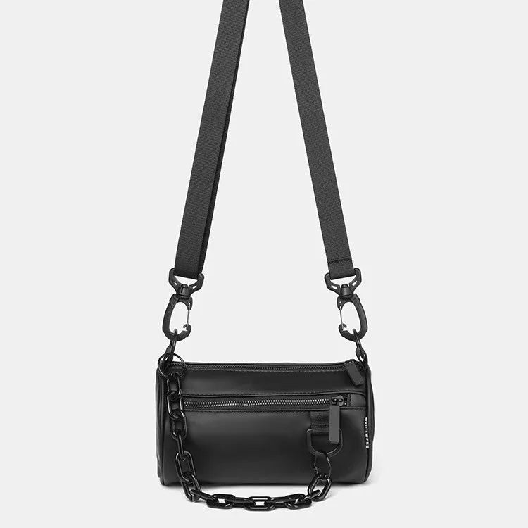 Black waterproof Oxford cloth messenger bag with a chain detail, shown as a crossbody bag.