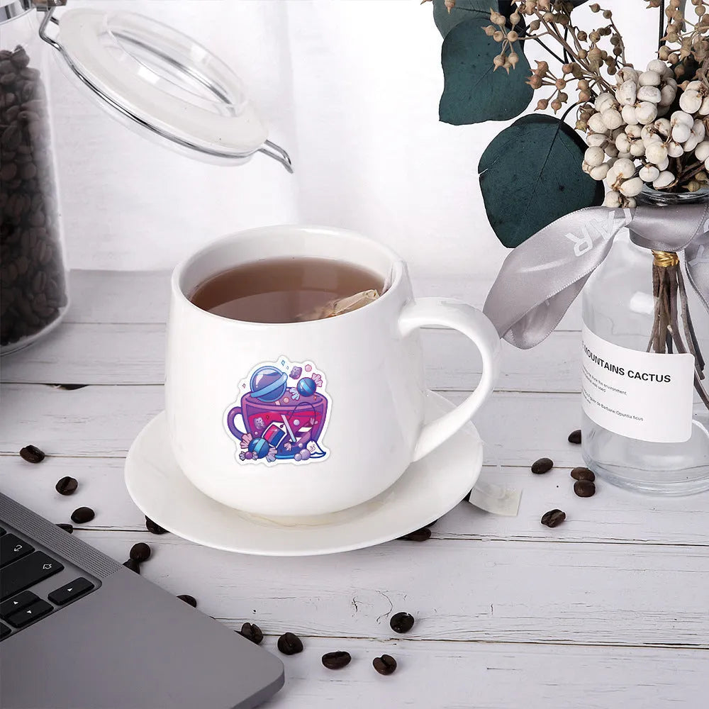 Pack of 50 colourful tea cup graffiti waterproof stickers in Nordic style for DIY luggage and scooter customisation.
