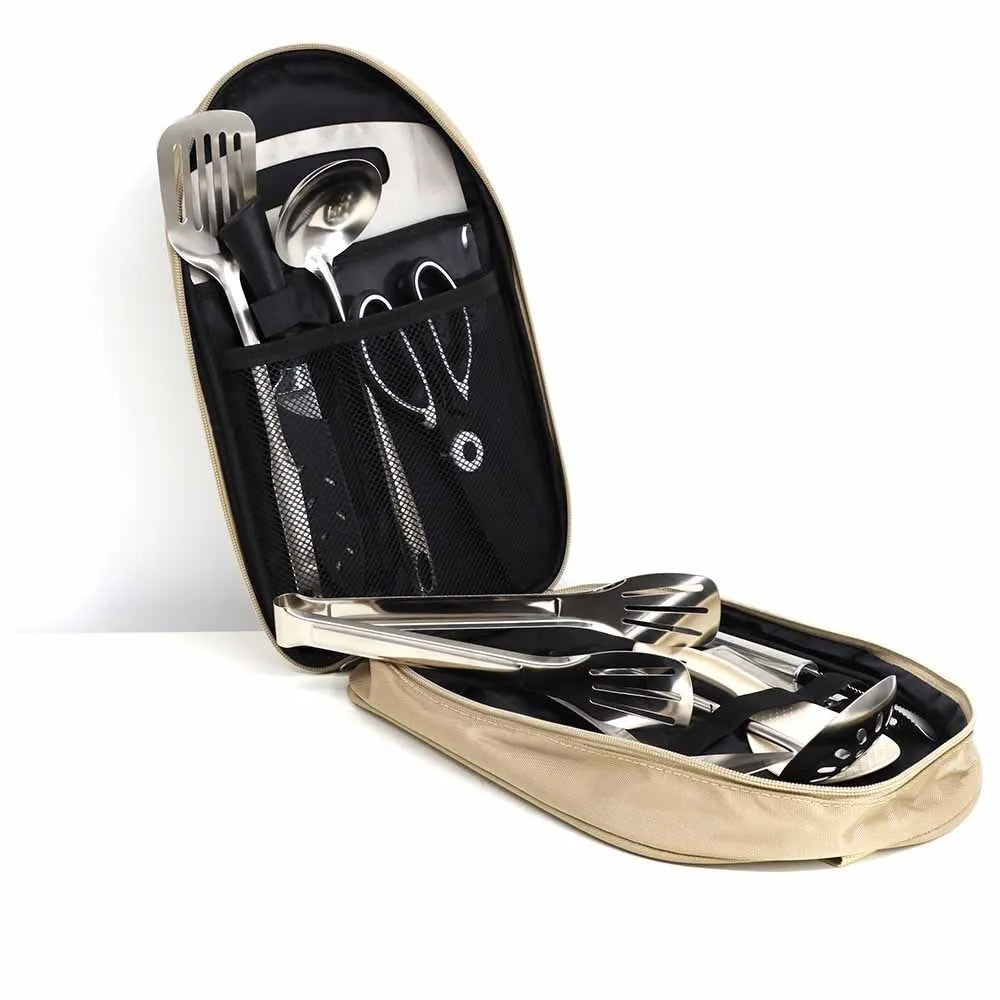 12 piece stainless steel picnic kitchenware set in portable storage bag for outdoor dining