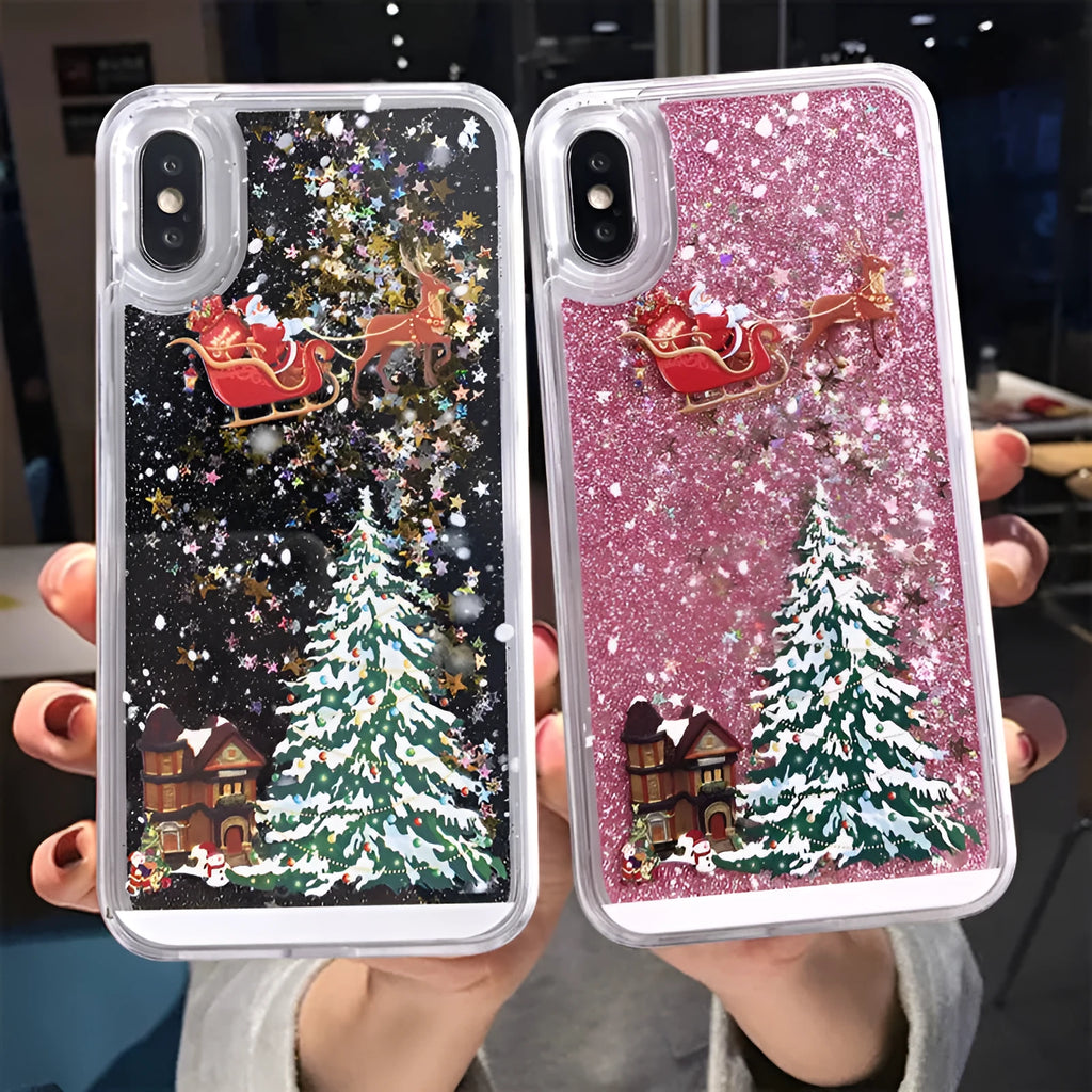 Christmas quicksand design iPhone case showing transparent double layer TPU and PC construction