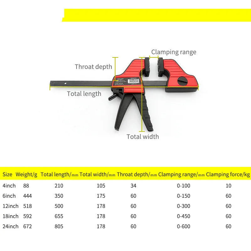 Black plastic woodworking toggle clamp with quick-release mechanism and soft rubber protective pads