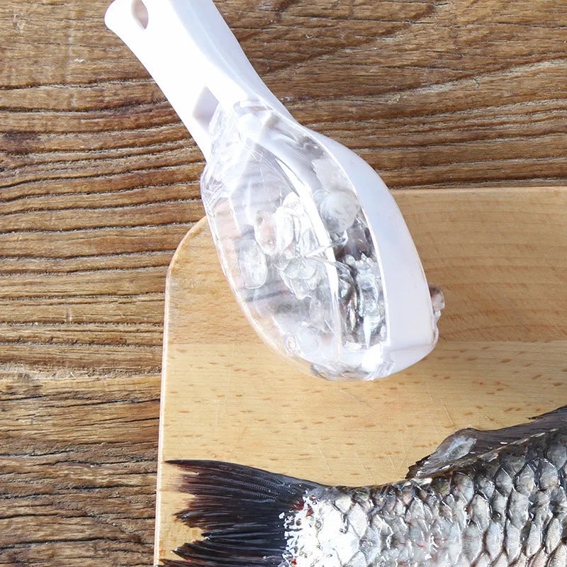 Fish-shaped scale scraper kitchen tool in white green or blue with cover and hanging hole